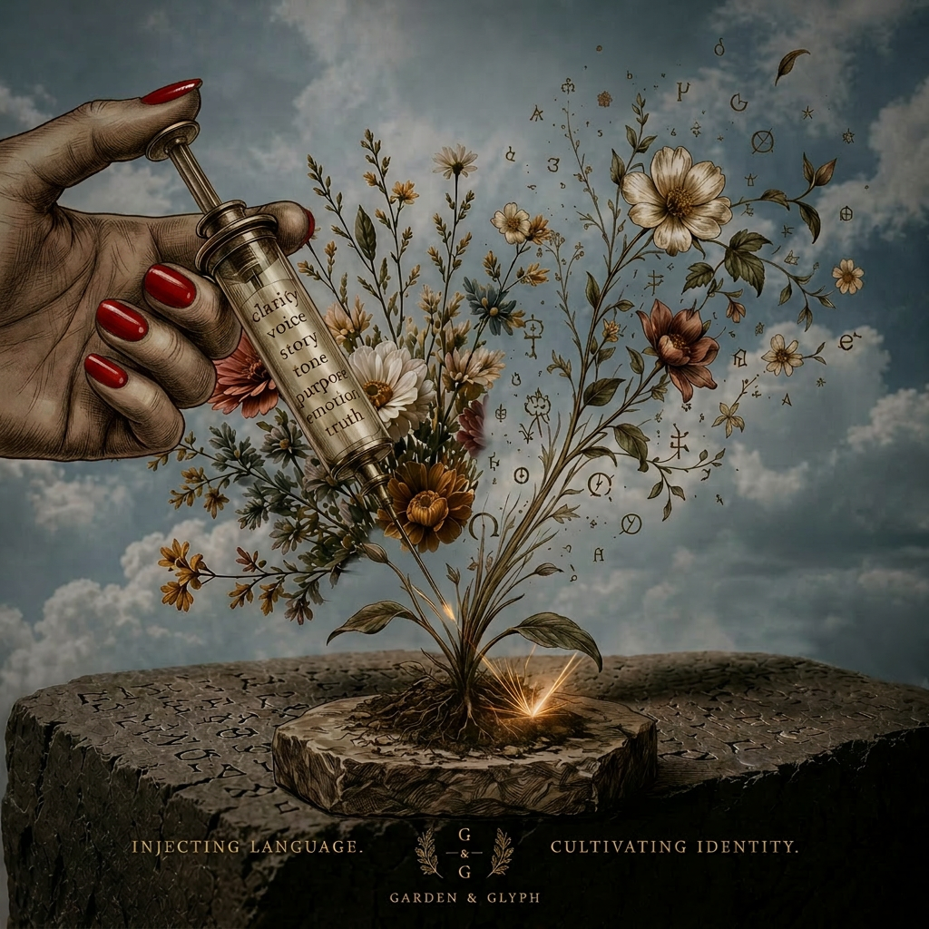 A gloved hand injecting words like clarity, voice, story, tone, purpose, emotion, and truth into a small plant on a stone, blooming into wildflowers and alchemical glyphs
