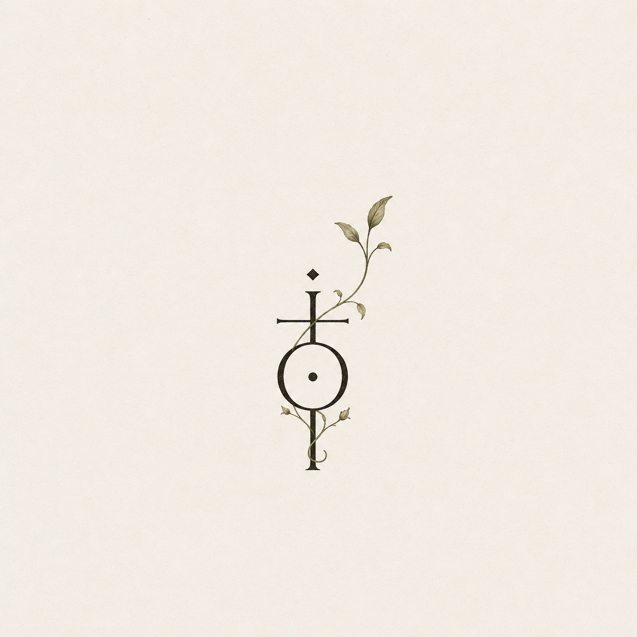 Alchemical glyph of letters i, o, t entwined with a botanical vine, symbolizing brand voice taking root